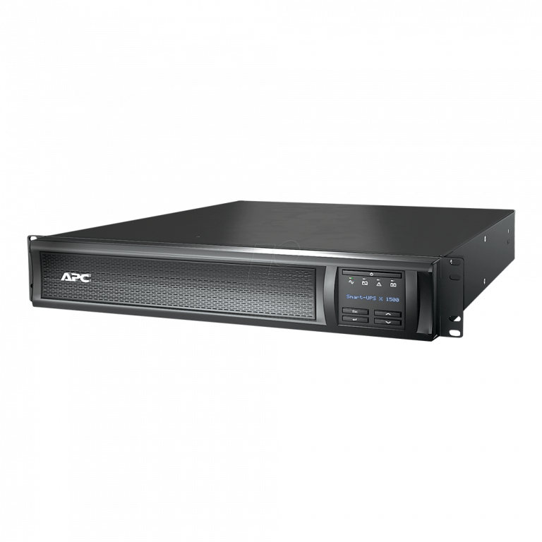 Abgebildet ist eine schwarze unterbrechungsfreie Stromversorgungseinheit APC Smart-UPS X 1500. Sie verfügt über eine Frontblende mit Display und Tasten und ist für die Rack- oder Tower-Montage in einer Serverumgebung konzipiert.