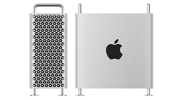 Zwei Ansichten eines silbernen Desktop-Computers. Links ist die Vorderseite mit einem perforierten Design und Griffen an der Oberseite versehen. Rechts ist an der Seite ein Apple-Logo zu sehen. Der Computer steht auf vier kleinen Füßen.