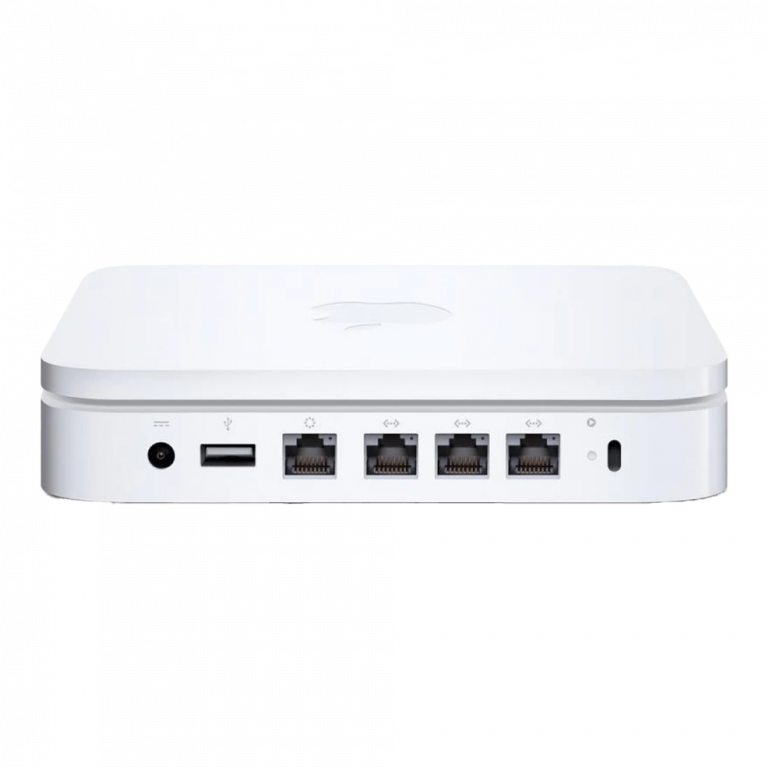 Ein weißes rechteckiges Gerät mit abgerundeten Kanten und verschiedenen Anschlüssen auf der Rückseite: Strom, USB, drei Ethernet-Anschlüsse und eine Reset-Taste. Auf der Oberseite befindet sich ein dezentes Logo.