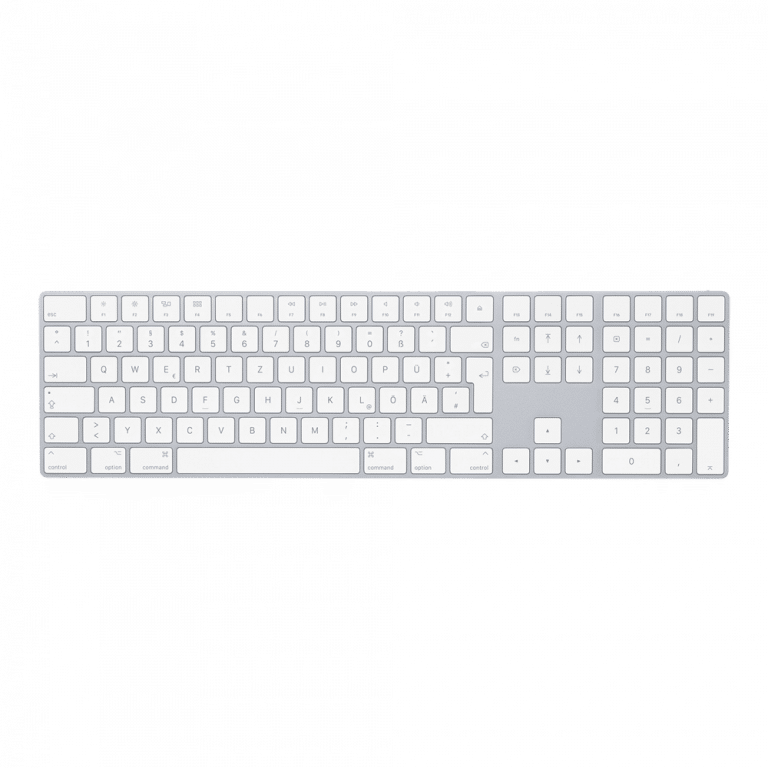 Eine silber-weiße kabellose Computertastatur mit Ziffernblock. Die Tasten sind im Standard-QWERTY-Layout angeordnet, einschließlich Funktionstasten, Pfeiltasten und zusätzlichen Tasten auf der rechten Seite. Die Tastatur ist von oben abgebildet.