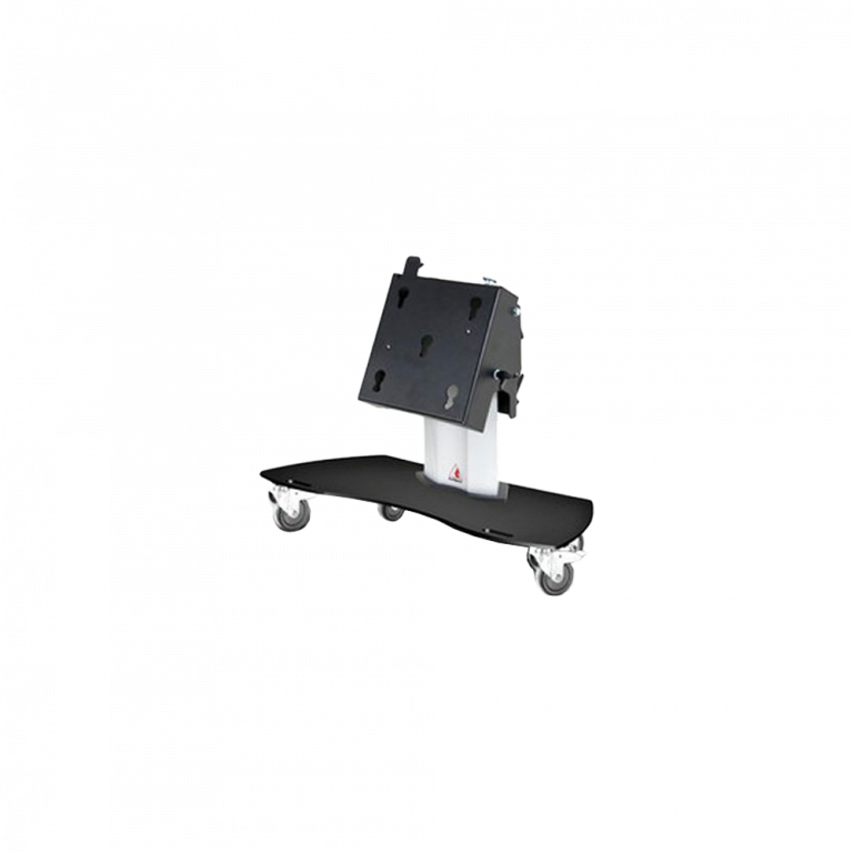 Eine schwarze VESA-Halterung auf Rädern mit flacher Basis und verstellbarer Montagehalterung, die für den einfachen Transport und die sichere Montage von Displays oder Monitoren konzipiert ist.