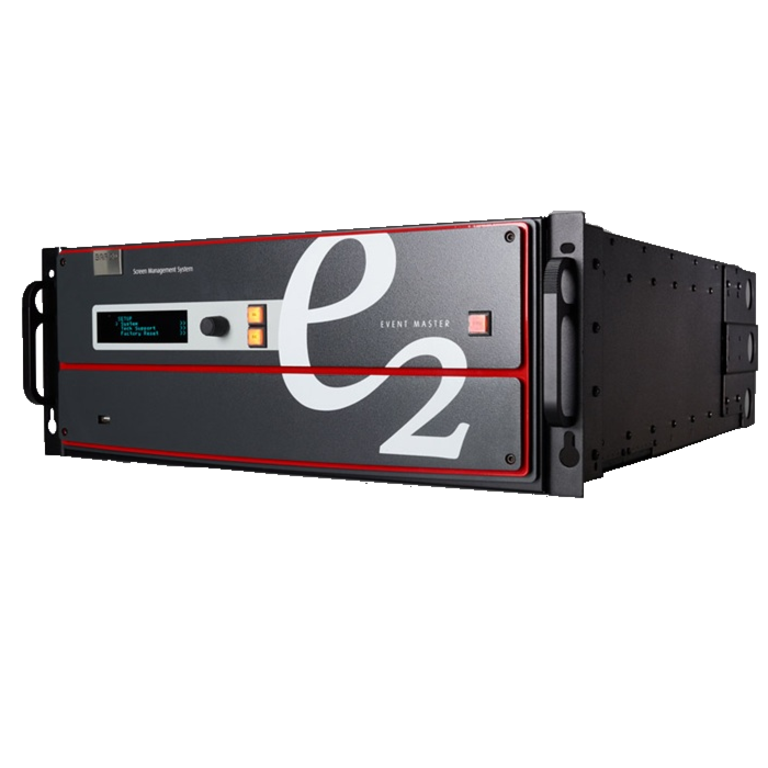 Ein schwarzes, rechteckiges elektronisches Gerät mit vier Griffen, einer digitalen Anzeige, Tasten und dem großen Aufdruck „e2“ auf der Seite. Das Gerät ist für die Systemverwaltung konzipiert und in einem robusten, rackmontierbaren Gehäuse untergebracht.