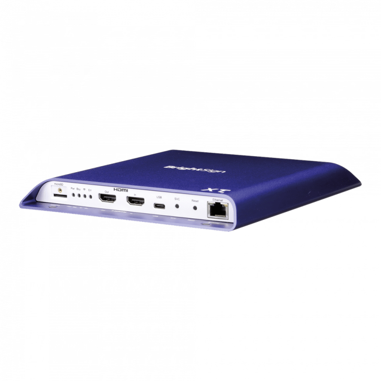 Ein blaues Netzwerkgerät mit Anschlüssen wie HDMI, USB, Ethernet und Stromeingang. Auf der Vorderseite ist auf der Oberseite der Markenschriftzug in Weiß zu sehen. Das Gerät ist schlank und rechteckig und auf Konnektivität und audiovisuelle Funktionen ausgelegt.