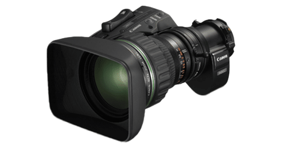 Eine professionelle Canon-Videokamera mit großem Zoomobjektiv und schwarzem Sonnenschutz. Die Kamera verfügt über detaillierte Bedienelemente und Drehregler, die für fortgeschrittene Videografie- und Broadcast-Einstellungen konzipiert sind. Das Objektiv verfügt über sichtbare Fokus- und Zoomringe.