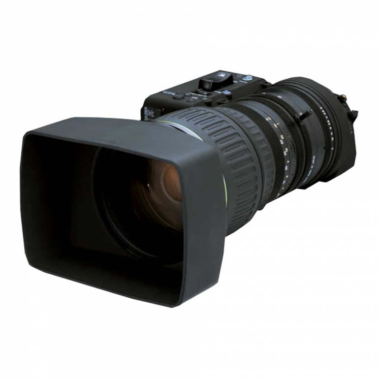 Eine professionelle Videokamera mit großem Zoomobjektiv und rechteckiger Gegenlichtblende vor weißem Hintergrund. Die Kamera wirkt robust und hat komplizierte Bedienelemente und Drehregler.