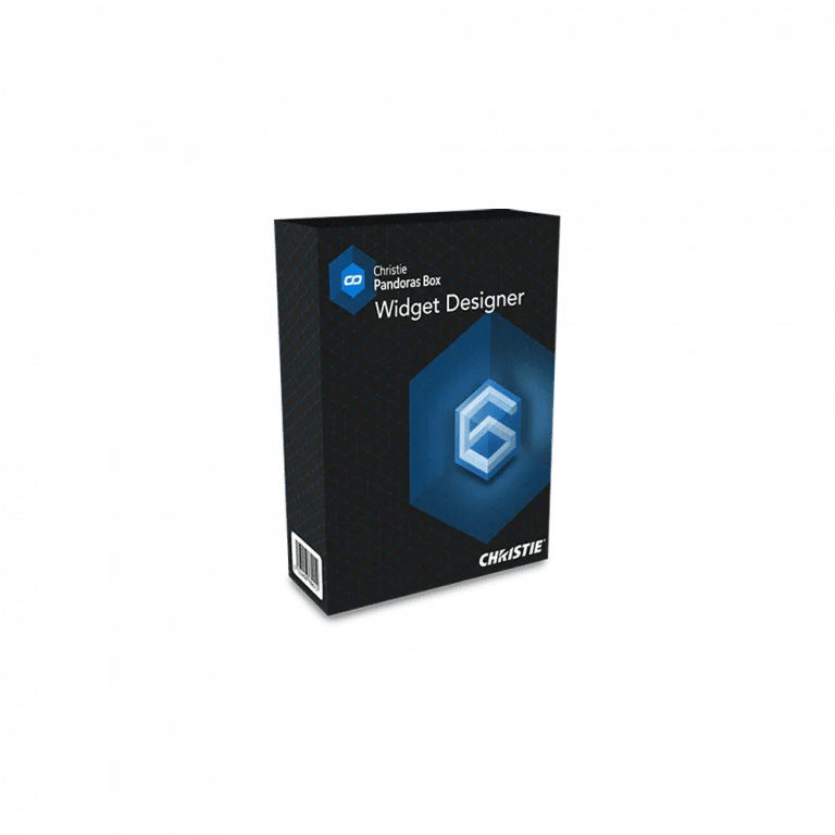 Eine 3D-Softwarepaketbox mit der Aufschrift „Christie Pandoras Box Widget Designer“ und einem geometrischen Sechseck-Logo auf der Vorderseite. Der Hintergrund ist dunkel mit Farbverlauf und die Marke „CHRISTIE“ steht auf der Unterseite der Box.