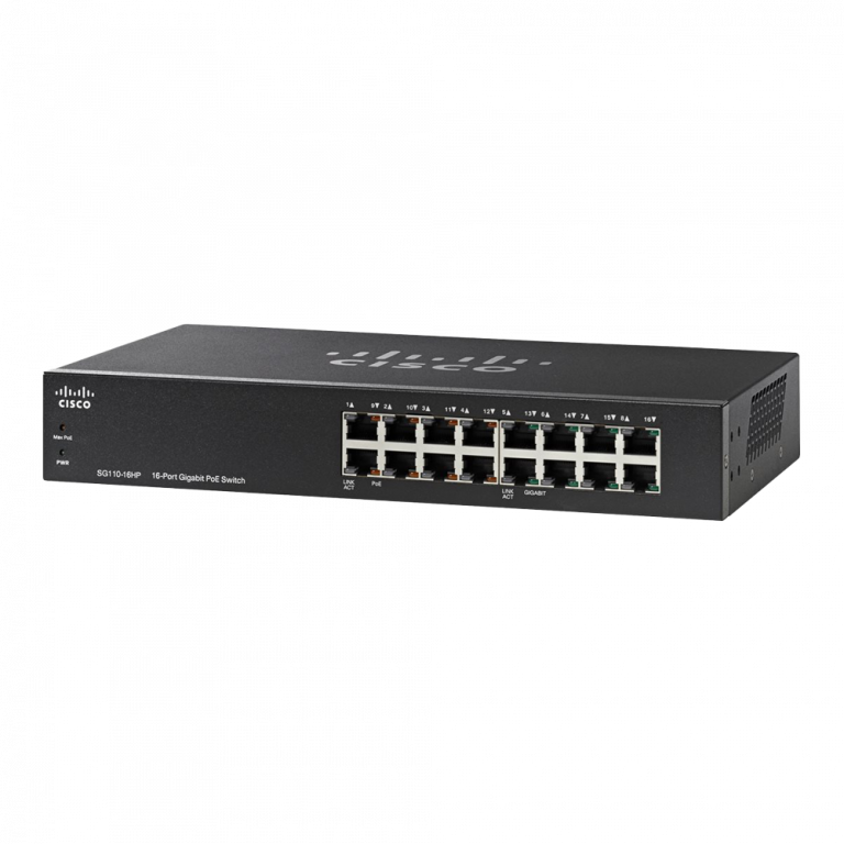 Ein schwarzer Cisco SG110-16HP Netzwerk-Switch mit sechzehn Ethernet-Ports. Die Ports sind in zwei Reihen angeordnet und mit Nummern beschriftet. Oben links auf dem Gerät ist das Cisco-Logo zu sehen.
