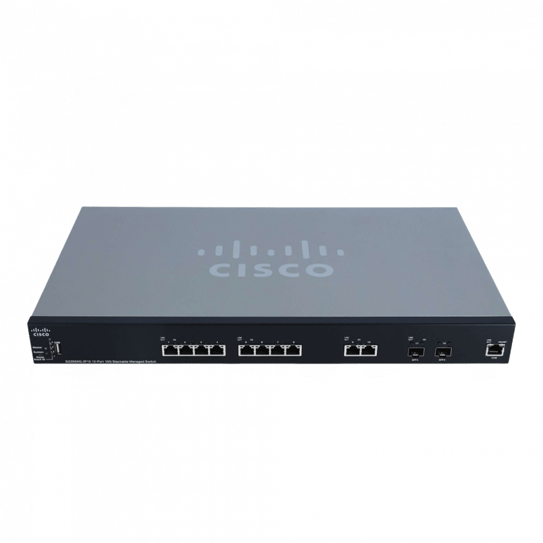 Ein Cisco-Netzwerk-Switch mit grauer Oberseite und dem Cisco-Logo. Die Vorderseite enthält mehrere Ethernet-Ports und Anzeigen, die für die Netzwerkkonnektivität vorgesehen sind.
