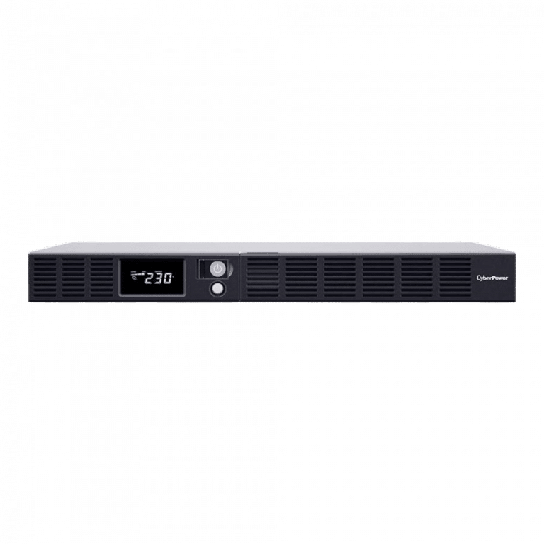 Eine im Rack montierte unterbrechungsfreie Stromversorgung (USV) mit einer Digitalanzeige mit „230“. Die Frontplatte verfügt auf der rechten Seite über einen Netzschalter und ein Markenzeichen. Das Gerät ist rechteckig und verfügt über Lüftungsgitter.