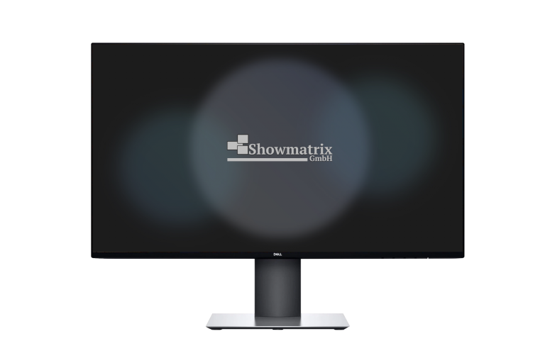 Dell-Monitor mit schwarzem Bildschirm, auf dem in der Mitte ein verschwommenes Logo und der Text „Showmatrix GmbH“ angezeigt werden. Der Monitor steht auf einem schlanken, silbernen Ständer vor einem schlichten schwarzen Hintergrund.