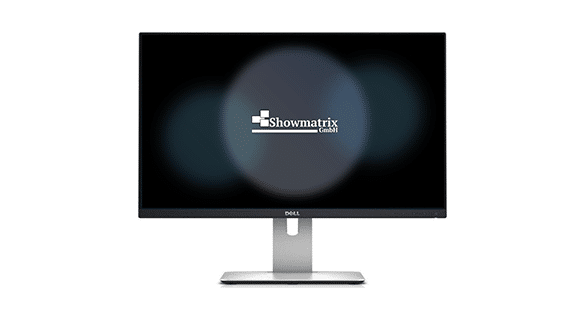 Ein Dell-Monitor mit dem Logo der Showmatrix GmbH auf dem Bildschirm. Der Monitor ist elegant und modern, mit einer dünnen Blende und einem stabilen silbernen Standfuß. Der Hintergrund ist ein Farbverlauf dunkler Farben, der das Logo ins Rampenlicht rückt.