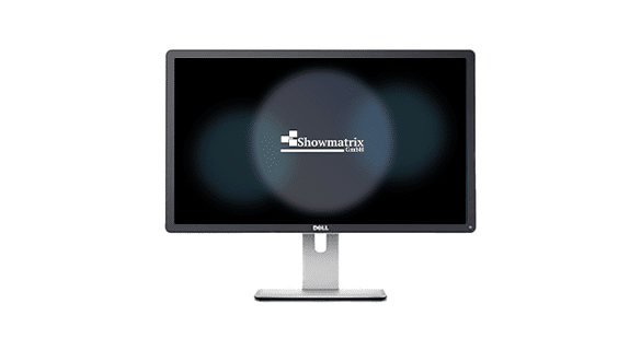 Ein Dell-Computermonitor mit schwarzem Bildschirm und leichtem, kreisförmigem Unschärfeeffekt. In der Mitte befindet sich ein Logo mit dem Text „Showmatrix GmbH“. Der Monitor hat einen grauen Standfuß.