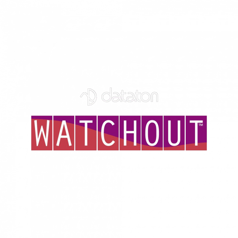 Logo mit „Dataton“ in Weiß über farbigen Blöcken, die „WATCHOUT“ auf grünem Hintergrund buchstabieren.