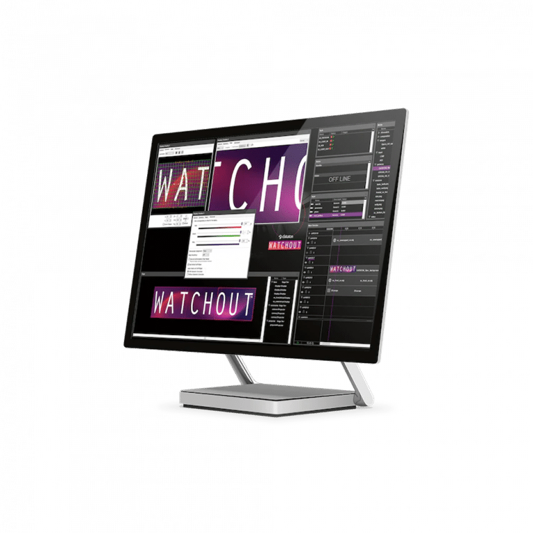 Ein Computermonitor, der mehrere Softwarefenster mit dem Wort „WATCHOUT“ anzeigt. Der Monitor ist schlank, hat einen Ständer und der Hintergrund ist transparent.
