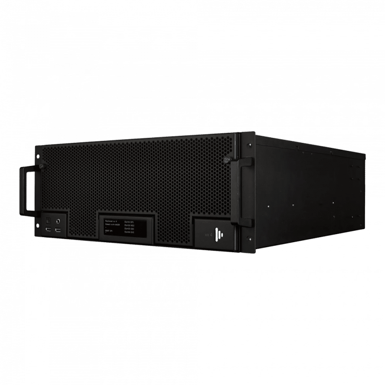 Ein schwarzer rechteckiger Server mit perforierter Frontplatte, zwei Griffen auf jeder Seite und mehreren Anschlüssen und Tasten auf der Vorderseite. Das Design ist schlank und industriell, geeignet für Rechenzentren oder den IT-Einsatz.