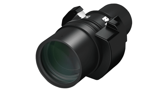 Ein schwarzes Kameraobjektiv mit aufwendigen Details, mit zwei verstellbaren Hebeln und einem strukturierten Griff. Die Glaslinse ist vorne sichtbar und reflektiert das Licht leicht. Das Gesamtdesign wirkt robust und professionell.