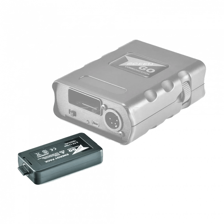 Ein metallisch graues elektronisches Gerät mit sichtbaren Anschlüssen und Tasten steht neben einem kleineren, schwarzen Akkupack mit der Aufschrift „Battery Pack“. Das Gerät hat ein schlankes Design und abgerundete Kanten.