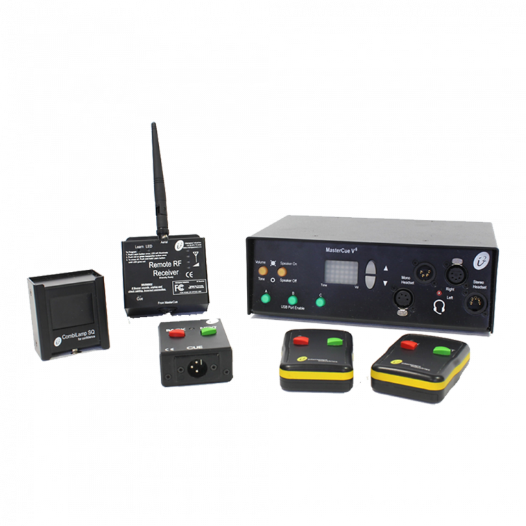 Sammlung elektronischer Audiogeräte, darunter eine Powerbox, ControlCube 2.0, Remote RF Repeater und mehrere Fernbedienungen mit Antennen. Die Geräte sind schwarz und haben verschiedene Tasten, Anschlüsse und LEDs, die auf einem weißen Hintergrund angeordnet sind.