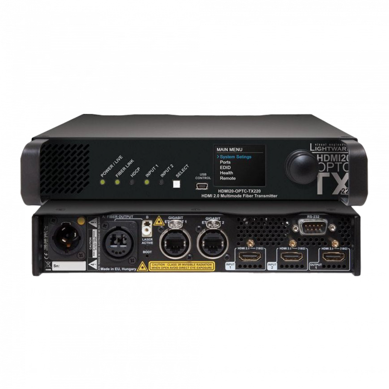 Vorder- und Rückansicht eines optischen HDMI-Senders von Lightware. Auf der Vorderseite befinden sich LED-Anzeigen und Tasten, während sich auf der Rückseite verschiedene Ein-/Ausgabeanschlüsse befinden, darunter HDMI-, Ethernet- und Audioanschlüsse.