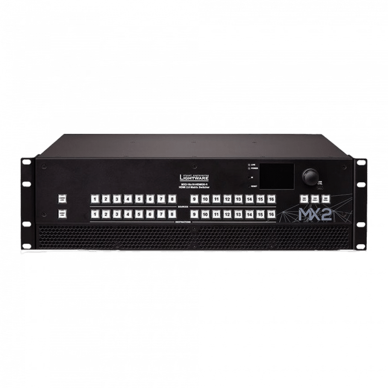 Bild eines schwarzen audiovisuellen Umschalters mit mehreren Tasten mit den Bezeichnungen 01 bis 16 auf der Vorderseite. Auf der rechten Seite befinden sich eine kleine Digitalanzeige und ein Steuerknopf. Der Modellname „MX2“ ist sichtbar.