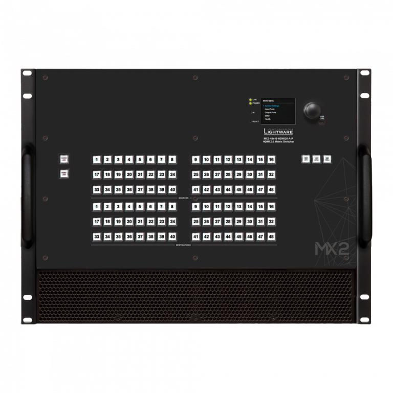 Vorderansicht eines großen schwarzen elektronischen Umschalters mit mehreren beschrifteten Tasten, die in einem Gittermuster angeordnet sind. Er verfügt über ein kleines Display, auf dem Statusinformationen angezeigt werden, und Tragegriffe auf beiden Seiten zum Tragen.