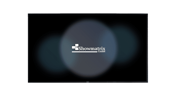 Auf einer dunklen Leinwand ist in der Mitte das Logo „Showmatrix GmbH“ zu sehen. Der Hintergrund ist mit einem dezenten Farbverlauf und leuchtenden, runden Lichteffekten versehen.