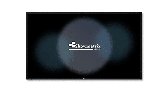 Ein großer Flachbildschirm mit unscharfem Hintergrund und dem Logo in der Mitte, auf dem „Showmatrix GmbH“ steht.