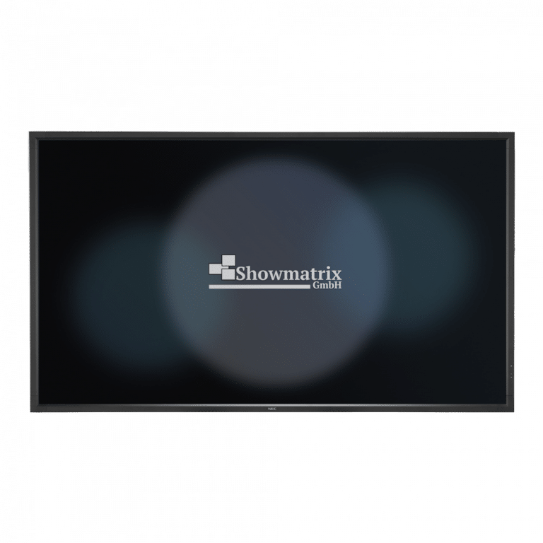 Ein großer schwarzer Bildschirm mit einem dezenten Hintergrund aus verschwommenen Kreisen. Der Text „Showmatrix GmbH“ ist in Weiß zentriert, mit einer dekorativen horizontalen Linie über und unter dem Namen.