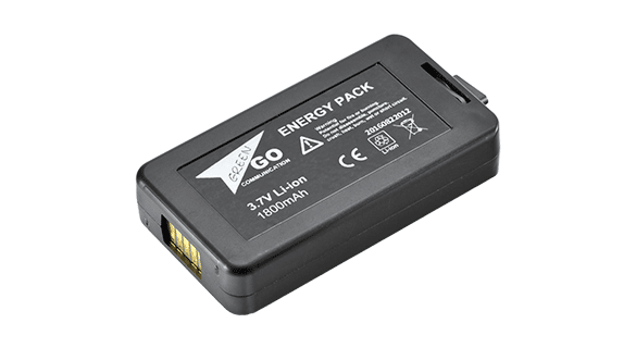 Das Bild zeigt eine rechteckige schwarze Batterie mit der Aufschrift „Energy Pack“ und den Spezifikationen: 3,7 V Li-Ionen, 1800 mAh. Auf der Oberfläche sind verschiedene Zertifizierungssymbole sichtbar.