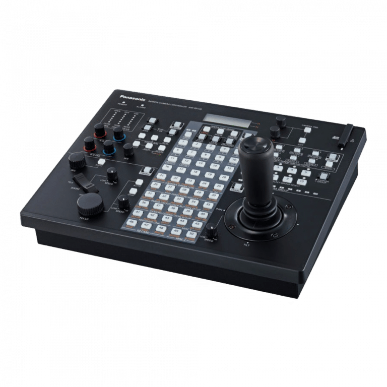 Ein schwarzer Videokamera-Controller mit zahlreichen Tasten, Knöpfen und einem zentralen Joystick. Er verfügt über einen Ziffernblock und verschiedene Steuerschalter, die für präzise Kamerabedienungen ausgelegt sind.