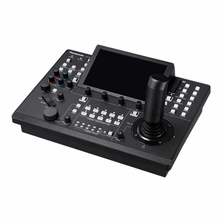 Ein schwarzes Bedienfeld für eine Videokamera mit einem Joystick, mehreren Tasten, Knöpfen und einem LCD-Bildschirm. Das Bedienfeld enthält verschiedene Drehregler zum Anpassen der Einstellungen. Das Design ist kompakt und eckig.