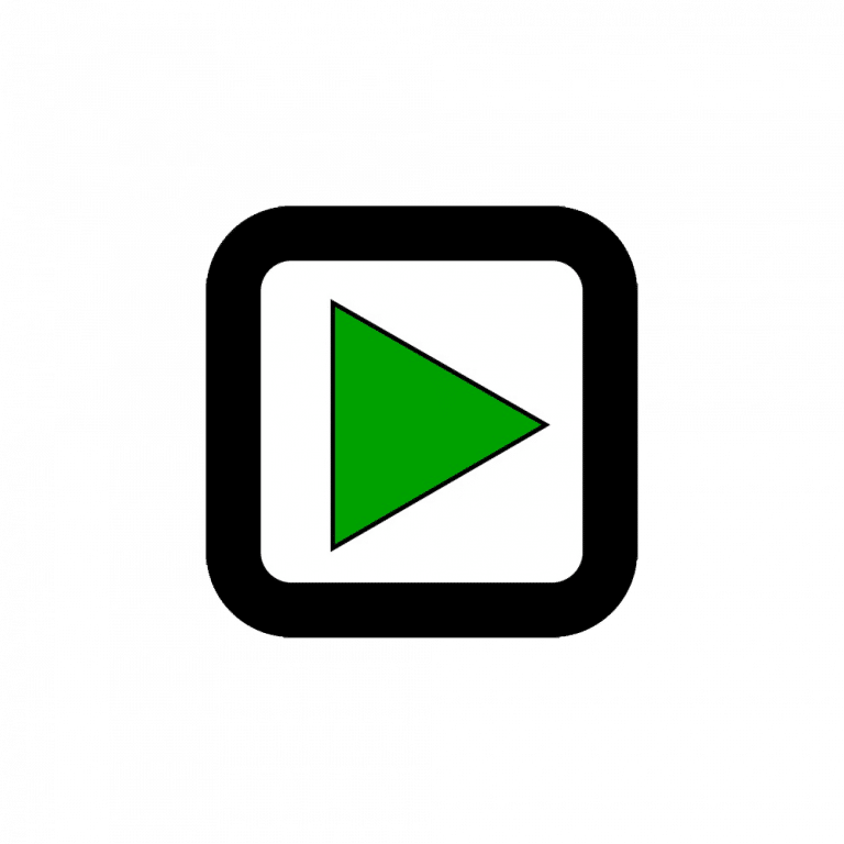 Ein grünes Wiedergabetastensymbol mit einer dreieckigen Form auf einem weißen quadratischen Hintergrund, umgeben von einer fetten schwarzen Umrandung.