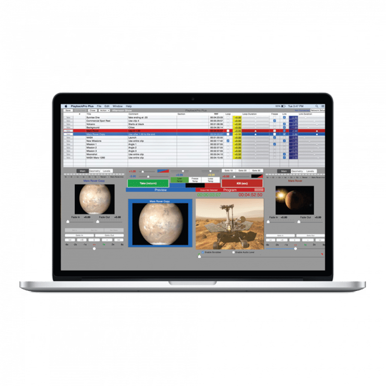 Ein Laptop mit einer Softwareoberfläche mit Tabellen, Bildern von Himmelskörpern und einem Rover. Auf dem Bildschirm sind Datenspalten, farbige Statusanzeigen und Schaltflächen zu sehen. Die Bilder scheinen mit der Weltraumforschung in Zusammenhang zu stehen.