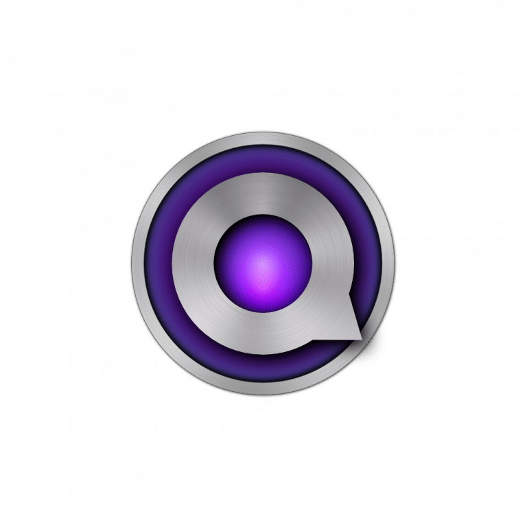 Ein rundes Logo mit einem metallisch-silbernen Rahmen. Darin befindet sich ein violetter Kreis mit Farbverlaufseffekt. Auf der rechten Seite erstreckt sich ein kleiner Schwanz, der einer Sprechblase ähnelt.