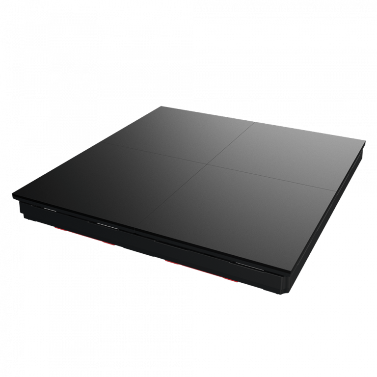 Ein elegantes, quadratisches, schwarzes kabelloses Ladepad mit minimalistischem Design und dezenten roten Akzenten an der Basis. Die Oberfläche ist glatt und durch dezente Linien in vier kleinere Quadrate unterteilt.