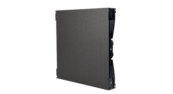 Ein schwarzes, rechteckiges LED-Panel mit sichtbaren Anschlüssen an den Seiten, positioniert vor einem schlichten weißen Hintergrund. Das Panel ist leicht geneigt, wodurch sein dünnes, schlankes Design zur Geltung kommt.