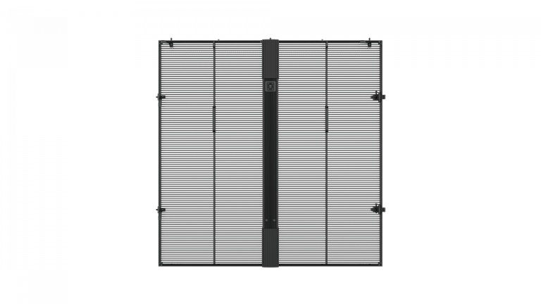 Ein quadratisches, geschwärztes Metallzaunelement mit horizontalen Linien und einer vertikalen Stütze in der Mitte. Das Design ist minimalistisch und modern und weist in Abständen entlang der Struktur kleine Befestigungspunkte auf. Der Hintergrund ist transparent.