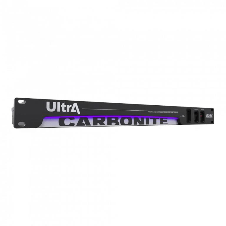 Bild eines Ross Ultra Carbonite-Umschaltgeräts. Es verfügt über einen schwarzen rechteckigen Metallrahmen mit dem „Ultra“-Logo in Weiß und „Carbonite“ in Lila an der Seite. Das Gerät hat Anschlüsse und Tasten auf der rechten Seite.