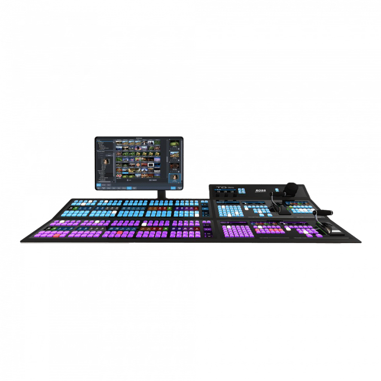 Ein professionelles Bedienfeld für die Videoproduktion mit mehreren bunten Tasten, Knöpfen und einem Monitor mit der Softwareschnittstelle.