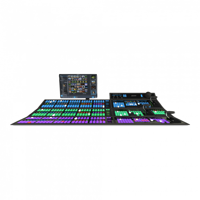 Eine Draufsicht auf einen professionellen Videoproduktionsmischer mit mehrfarbigen Tasten, einer Touchscreen-Oberfläche mit verschiedenen Steuerelementen und zwei großen Hebeln auf der rechten Seite, vor einem einfarbigen Hintergrund.