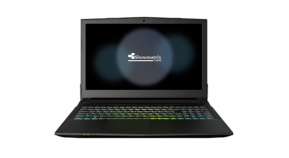 Ein schwarzer Gaming-Laptop mit einem Logo auf dem Bildschirm. Die Tastatur ist mit mehrfarbigen Tasten in Grün-, Gelb- und Blautönen beleuchtet. Der Laptop ist offen und zentriert vor einem weißen Hintergrund.