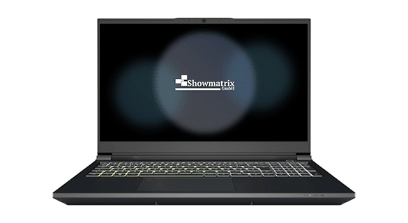 Ein Laptop mit einer Tastatur mit Hintergrundbeleuchtung und einem Bildschirm mit dem Logo der Showmatrix GmbH. Das Gerät hat ein schlankes Design mit einem dünnen Rahmen um das Display.