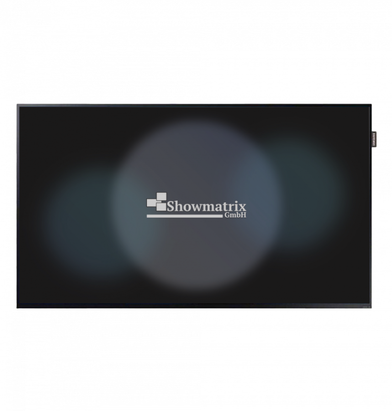 Ein dunkler Bildschirm mit dem Logo „Showmatrix GmbH“ in der Mitte. Der Hintergrund ist schwarz mit weichen, verschwommenen Lichtkreisen in Blau- und Grüntönen, die einen diffusen Leuchteffekt erzeugen.