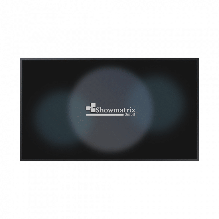 Auf einem schwarzen Bildschirm wird in der Mitte das Logo „Showmatrix GmbH“ angezeigt. Der Hintergrund ist dunkel mit einem dezenten kreisförmigen Farbverlaufseffekt.
