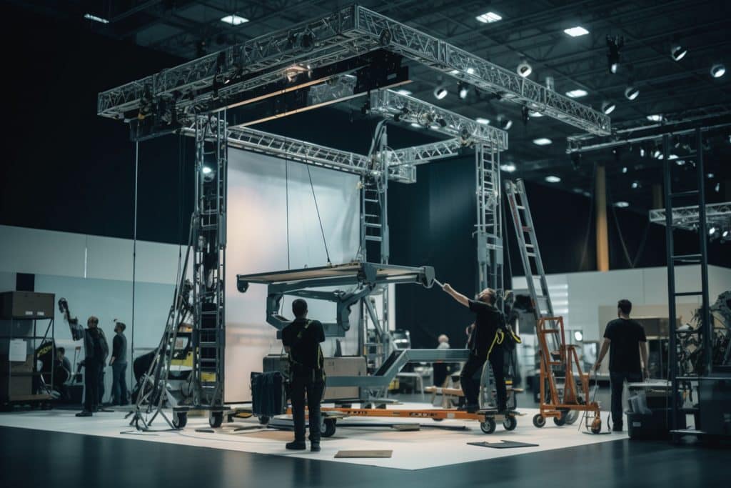 Die Crew baut eine große Kameraausrüstung auf einem Filmset auf. Mehrere Personen arbeiten unter einem Metallrahmen mit Beleuchtung und Ausrüstung. Die Umgebung ist schwach beleuchtet, die Scheinwerfer sind auf die Mitte gerichtet. Leitern und Werkzeuge liegen verstreut herum.